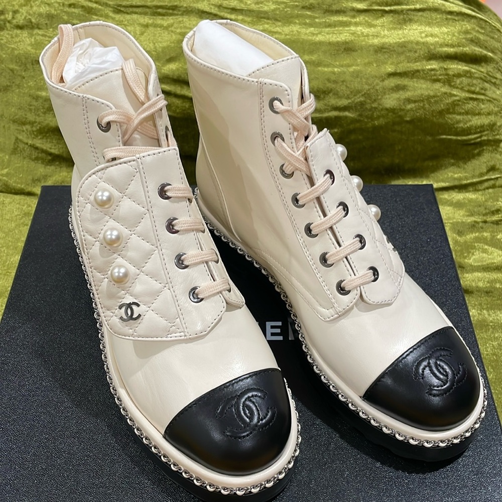 Chanel Pearl Chain Combat Boots